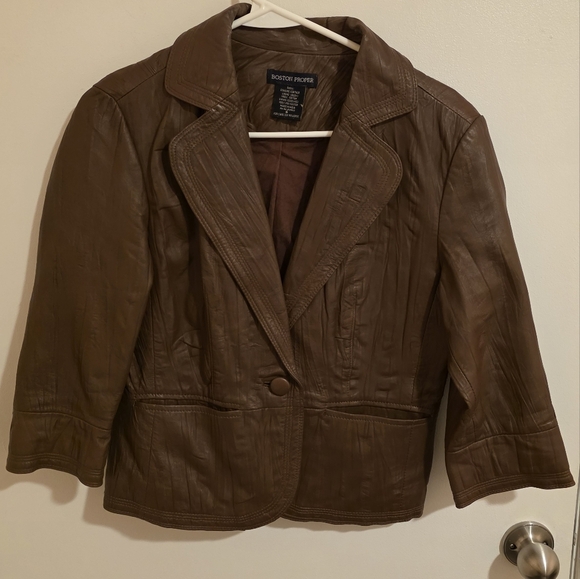 Boston Proper leather jacket blazer Lined Partial sleeve Brown Size 6 Biker Moto - Picture 1 of 8